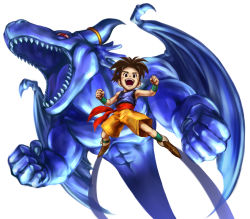 Rule 34 | 00s, 1boy, :d, blue dragon, brown eyes, brown hair, clenched hands, dragon, jumping, looking at viewer, male focus, mayata, monster, open mouth, sharp teeth, shu (blue dragon), simple background, smile, solo, teeth, white background