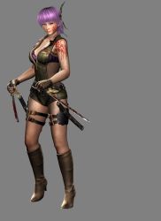 Rule 34 | 1girl, 3d, absurdres, ayane (doa), bare legs, blood, boots, bra, breasts, dead or alive, dual wielding, fishnets, headband, highres, holding, holster, large breasts, ninja gaiden, ninja gaiden 3: razor&#039;s edge, official art, purple hair, red eyes, short hair, short sword, shorts, solo, sword, tecmo, thigh holster, underwear, weapon