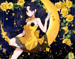 Rule 34 | 1girl, bad id, bad pixiv id, barefoot, bishoujo senshi sailor moon, black hair, blue eyes, breasts, choker, cleavage, closed mouth, crescent, crescent facial mark, crescent moon, crescent necklace, curly hair, double bun, dress, earrings, facial mark, floating hair, flower, fresa pie, hair bun, highres, jewelry, leg up, long hair, luna (sailor moon), luna (sailor moon) (human), medium breasts, moon, necklace, on crescent, ribbon, ribbon choker, rose, see-through, short dress, sitting on moon, sleeveless, sleeveless dress, solo, sparkle, star (symbol), very long hair, yellow dress, yellow flower, yellow neckwear, yellow ribbon, yellow rose