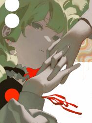 Rule 34 | 1girl, abstract background, arm up, choker, circle, closed mouth, commission, dripping, earrings, frilled choker, frills, green hair, gtsleep1200, highres, interlocked fingers, jewelry, long hair, long sleeves, neck ribbon, original, own hands together, puffy long sleeves, puffy sleeves, red background, red ribbon, ribbon, solo, upper body, watermark, white background