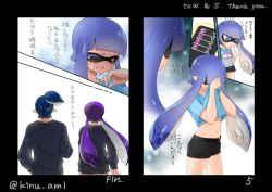 Rule 34 | 1boy, 2girls, arms up, back, bad id, bad pixiv id, belt, bike shorts, black shorts, blue eyes, blue hair, blunt bangs, border, chibi, closed eyes, clothes lift, comic, crying, fangs, gloom (expression), hair slicked back, hand on own face, hand to own mouth, hat, holding, inkling, inkling boy, inkling girl, inkling player character, long hair, long sleeves, multiple girls, nintendo, phone, pointy ears, purple hair, scrunchie, shirt, shirt lift, short hair, shorts, splatoon (series), splatoon 1, sweatdrop, t-shirt, tears, tentacle hair, topknot, translation request, wiping tears, yuitanpo