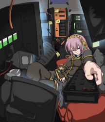 Rule 34 | aiming, aiming at viewer, blue eyes, cable, controller, crossed legs, dizzy (artist), foreshortening, headphones, megurine luka, pink hair, remote control, sitting, solo, vocaloid