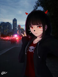 Rule 34 | 1girl, absurdres, black hair, blunt bangs, car, city, demon horns, drawn whiskers, highres, hood, hoodie, horns, looking at viewer, morning, motor vehicle, open clothes, open hoodie, original, parted lips, photo background, red eyes, selfie, short hair, shy (953416992), signature, skull and crossbones, sleeves past wrists, solo, v, whiskers