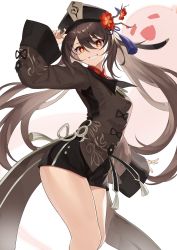 Rule 34 | 1girl, absurdres, arm up, black hat, black shorts, brown hair, brown shirt, collared shirt, flower, genshin impact, ghost, grin, hat, hat flower, highres, hu tao (genshin impact), long hair, long sleeves, looking at viewer, plum blossoms, red eyes, shirt, short shorts, shorts, simple background, smile, solo, star-shaped pupils, star (symbol), symbol-shaped pupils, tailcoat, thighs, twintails, very long hair, white background, yamanokami eaka