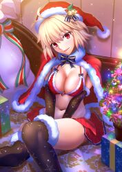Rule 34 | 1girl, absurdres, alternate costume, antenna hair, arcueid brunestud, bikini, black thighhighs, blonde hair, blush, box, breasts, cape, character print, christmas, commentary request, fur-trimmed bikini, fur-trimmed cape, fur-trimmed headwear, fur-trimmed thighhighs, fur trim, gift, gift box, harukey, hat, highres, indoors, looking at viewer, navel, red cape, red eyes, red hair, red hat, sack, santa costume, santa hat, sitting, smile, solo, stomach, swimsuit, thighhighs, tohno shiki, tsukihime