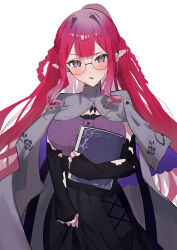 Rule 34 | 1girl, baobhan sith (fate), baobhan sith (swimsuit pretender) (fate), baobhan sith (swimsuit pretender) (second ascension) (fate), black skirt, blush, book, braid, breasts, crown braid, detached sleeves, earrings, fate/grand order, fate (series), glasses, grey eyes, grey jacket, hair ornament, hairclip, highres, izanaware game, jacket, jacket on shoulders, jewelry, large breasts, long hair, looking at viewer, open mouth, pink hair, pointy ears, ponytail, purple shirt, round eyewear, shirt, sidelocks, skirt, solo