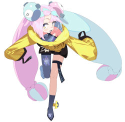 Rule 34 | 1girl, bow-shaped hair, character hair ornament, creatures (company), game freak, grey pantyhose, gym leader, hair ornament, hexagon print, highres, iono (pokemon), jacket, long hair, long yuan, low-tied long hair, multicolored hair, nintendo, oversized clothes, pantyhose, pokemon, pokemon sv, sharp teeth, single leg pantyhose, sleeves past fingers, sleeves past wrists, solo, split-color hair, teeth, very long sleeves, x, yellow jacket