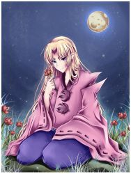 Rule 34 | 1boy, absurdres, blonde hair, blue eyes, capcom, flower, full body, gradient background, highres, japanese clothes, long hair, male focus, midna01, moon, nature, night, night sky, ookami (game), outdoors, plant, seiza, signature, sitting, sky, smile, solo, star (sky), star (symbol), starry sky, ushiwakamaru (ookami), very long hair