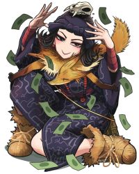 Rule 34 | 10s, 1girl, :&gt;, ainu, ainu clothes, animal skull, arms up, bandana, black hair, earrings, eyeshadow, flipped hair, fur, gashi-gashi, golden kamuy, inkarmat, jewelry, looking at viewer, makeup, money, necklace, parted bangs, short hair, smile, solo