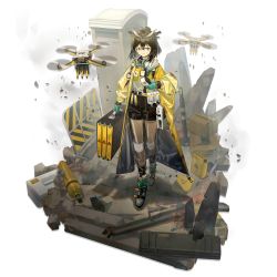 Rule 34 | 1girl, arknights, bob cut, box, brown hair, cardboard box, case, drone, duct tape, feather hair, frown, gas can, glasses, hazmat suit, highres, jacket, lanyard, logo, mask, mouth mask, norizc, official alternate costume, official art, originium (arknights), oxygen tank, rhine lab logo, ruins, safety glasses, sign, silence (arknights), silence (lacquer) (arknights), solo, sweatdrop, translucent, vial, warning sign, yellow jacket