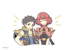 Rule 34 | 1boy, 1girl, black hair, breasts, closed mouth, cropped torso, closed eyes, grin, highres, large breasts, looking at viewer, mochimochi (xseynao), pyra (xenoblade), red hair, rex (xenoblade), short hair, simple background, smile, spiked hair, white background, xenoblade chronicles (series), xenoblade chronicles 2