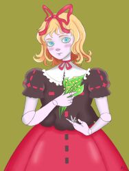 Rule 34 | 1girl, black shirt, blonde hair, blue eyes, closed mouth, doll, flower, frilled sleeves, frills, hair ribbon, highres, looking at viewer, medicine melancholy, portrait, red ribbon, red skirt, ribbon, shirt, short hair, short sleeves, simple background, skirt, solo, touhou, white flower