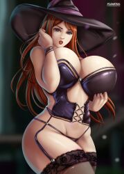 Rule 34 | 1girl, absurdres, breasts, brown eyes, dragon&#039;s crown, feet, female focus, flowerxl, garter straps, hat, highres, huge breasts, long hair, looking at viewer, panties, solo, solo focus, sorceress (dragon&#039;s crown), tagme, thighhighs, underwear, video game character, witch hat