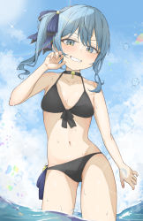 Rule 34 | 1girl, 2022, absurdres, bikini, black bikini, blue eyes, blue hair, blue ribbon, blue sky, claw pose, cloud, cloudy sky, dottocom tegaki, from below, grin, hair ribbon, highres, hololive, hoshimachi suisei, looking at viewer, navel, outdoors, partially submerged, ribbon, side ponytail, sky, smile, solo, standing, swimsuit, teeth, virtual youtuber, wet