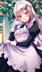 Rule 34 | 1girl, absurdres, blonde hair, blush, bow, breasts, commentary request, floral background, gloves, hair bow, hair ornament, hairclip, half updo, heterochromia, highres, ishigami nozomi, junineu, long hair, looking at viewer, maid, medium breasts, nijisanji, parted lips, red eyes, smile, virtual youtuber, white gloves, yellow eyes