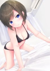1girl, air conditioner, annoyed, bangs, barefoot, bed, bed sheet, bedroom, black bra, black panties, blue eyes, blush, bra, breasts, brown hair, cleavage, commentary, crawling, curtains, dutch angle, hair ornament, hairclip, highres, looking at viewer, on bed, original, panties, polka dot, polka dot bra, polka dot panties, short hair, solo, swept bangs, underwear, wavy mouth, yunarebun