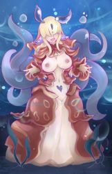 Rule 34 | 1girl, :d, air bubble, alternate color, alternate hair color, animal ears, blonde hair, blue dress, blush, breasts, bubble, covered eyes, dress, facing viewer, gradient hair, hair over eyes, heart, heart tattoo, highres, horns, large breasts, long hair, md5 mismatch, monster girl, monster girl encyclopedia, multicolored hair, nanostar, navel, nipples, open clothes, open dress, open mouth, pale skin, pubic tattoo, red dress, red hair, seaweed, slug girl, smile, solo, sticky, submerged, tattoo, tentacles, tritonia (monster girl encyclopedia), underwater, water
