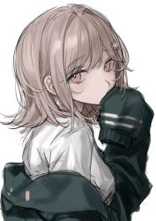 Rule 34 | 1girl, collared shirt, commentary request, covering own mouth, danganronpa (series), danganronpa 2: goodbye despair, flipped hair, galaga, grey background, hair ornament, hand over own mouth, hand up, highres, hood, jacket, long sleeves, looking at viewer, medium hair, muuyiie, nanami chiaki, off shoulder, pink eyes, shirt, simple background, solo, white shirt
