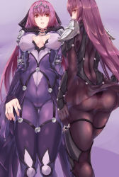 Rule 34 | 2girls, armlet, armor, ass, blush, bodysuit, breasts, covered navel, dedeyong, dress, fate/grand order, fate (series), female focus, fur-trimmed dress, fur trim, gradient background, hair between eyes, hair intakes, hair ribbon, highres, jewelry, large breasts, legs, long hair, looking at viewer, looking back, multiple girls, open mouth, pauldrons, pendant, purple background, purple bodysuit, purple dress, purple hair, purple ribbon, red eyes, ribbon, scathach (fate), scathach skadi (fate), scathach skadi (second ascension) (fate), shoulder armor, smile, standing, thighs, tiara