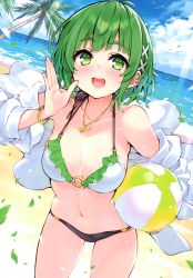 Rule 34 | 1girl, absurdres, ball, beachball, bikini, blouse, blush, breasts, collarbone, cu-no, day, earrings, green eyes, green hair, halterneck, highres, hisen kaede, holding, jewelry, medium breasts, nail polish, necklace, o-ring, o-ring bikini, ocean, open clothes, open mouth, open shirt, scan, shirt, short hair, smile, solo, string bikini, swimsuit, thighs, water