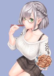 Rule 34 | 1girl, black choker, bowl, braid, choker, chopsticks, eating, food, food on face, french braid, glasses, green eyes, grey hair, highres, holding, holding bowl, holding chopsticks, hololive, izumida fuyuki, jewelry, looking at viewer, miniskirt, off-shoulder sweater, off shoulder, official alternate costume, official alternate hairstyle, pendant, plaid, plaid skirt, ribbed sweater, rice, rice on face, shirogane noel, shirogane noel (casual), short hair, simple background, skirt, solo, sweater, virtual youtuber, white sweater