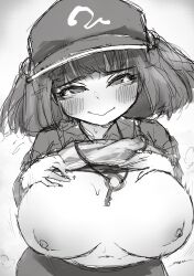 Rule 34 | 1girl, absurdres, blush, breasts, closed mouth, commentary request, flat cap, greyscale, hands on own chest, hat, highres, huge breasts, kawashiro nitori, key, looking at viewer, monochrome, navel, nipples, qralto, sketch, smile, solo, touhou, upper body, variant set