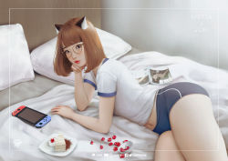 Rule 34 | 1girl, absurdres, animal ears, ass, brown hair, buruma, cake, cat ears, cherry, food, fruit, glasses, gym shirt, gym uniform, head rest, highres, indoors, looking at viewer, lying, magazine (object), navel, nintendo switch, on bed, original, pillow, red lips, regiana (jubi), shirt, solo, thighs