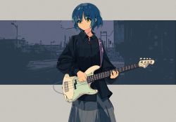 Rule 34 | 1girl, bass guitar, black shirt, blue hair, bocchi the rock!, chartyr45, closed mouth, collared shirt, grey skirt, highres, instrument, long sleeves, looking to the side, mole, mole under eye, music, playing instrument, pleated skirt, shirt, short hair, skirt, solo, standing, yamada ryo, yellow eyes