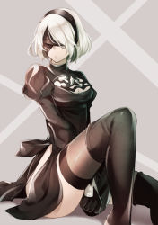 Rule 34 | 1girl, 2b (nier:automata), android, black dress, black gloves, black thighhighs, blindfold, boots, breasts, cleavage, cleavage cutout, clothing cutout, covered eyes, dress, gloves, grey background, hairband, juliet sleeves, kiringo, long sleeves, mole, mole under mouth, nier:automata, nier (series), puffy sleeves, short hair, sitting, solo, thigh boots, thighhighs, thighhighs under boots, thighs, turtleneck, turtleneck dress, white hair