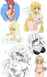 Rule 34 | astraea (sora no otoshimono), blonde hair, blue eyes, breasts, character request, cleavage, creatures (company), crossover, cursor, game freak, glasses, gym leader, highres, large breasts, long hair, nintendo, nipples, one eye closed, pokemon, red eyes, red hair, skyla (pokemon), sora no otoshimono, very long hair, wings, wink