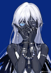 Rule 34 | 1girl, 270 (woshizongg), bare shoulders, bell, black skin, blue background, bracelet, breasts, butterfly girl, chinese commentary, colored eyelashes, colored skin, covering face, dress, earrings, glint, jewelry, jingle bell, looking at viewer, monster girl, multicolored eyes, multiple rings, one eye closed, original, pointy ears, ring, small breasts, solo, upper body, white dress
