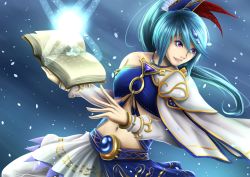 Rule 34 | 1girl, absurdres, bare shoulders, blue hair, book, detached sleeves, female focus, highres, hyrule warriors, jewelry, lana (hyrule warriors), lots of jewelry, nintendo, side ponytail, smile, solo, the legend of zelda, zephx
