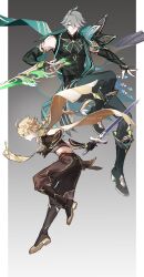 Rule 34 | 2boys, aether (genshin impact), alhaitham (genshin impact), blonde hair, boots, braid, cape, chest jewel, closed mouth, compression shirt, detached sleeves, earrings, genshin impact, gloves, grey hair, hair between eyes, hair over one eye, highres, holding, holding sword, holding weapon, jewelry, knee boots, long hair, male focus, multiple boys, pants, partially fingerless gloves, simple background, single braid, single earring, sonomi, sword, toned, toned male, twitter username, weapon