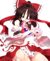 Rule 34 | 1girl, absurdres, arm belt, ascot, bare shoulders, blue ascot, bow, brown eyes, brown hair, detached sleeves, frilled bow, frills, hair bow, hair tubes, hakurei reimu, heart, heart hands, highres, hip vent, knees, looking at viewer, ofuda, one eye closed, red bow, red ribbon, red skirt, ribbon, ribbon-trimmed sleeves, ribbon trim, sidelocks, simple background, sitting, skirt, solo, sunnysideup, tagme, touhou, white background