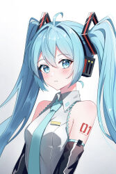 Rule 34 | 1girl, absurdres, ahoge, arm tattoo, black sleeves, blue eyes, blue hair, blue necktie, breasts, character name, collared shirt, commentary, detached sleeves, gradient background, grey shirt, hair between eyes, hair ornament, hatsune miku, headphones, highres, long hair, long sleeves, necktie, number tattoo, parted lips, procrastinator, procrastinator39, shirt, sleeveless, sleeveless shirt, small breasts, solo, tattoo, twintails, upper body, very long hair, vocaloid, white background, wing collar