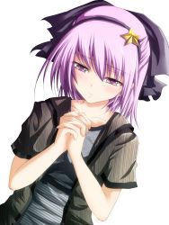 Rule 34 | 1girl, bad id, bad pixiv id, black hairband, blush, bow, collarbone, dutch angle, female focus, frown, hair bow, hair ornament, hairband, highres, interlocked fingers, looking away, looking down, original, own hands together, purple eyes, purple hair, ringo samurai, short sleeves, simple background, solo, star (symbol), star hair ornament, upper body, white background