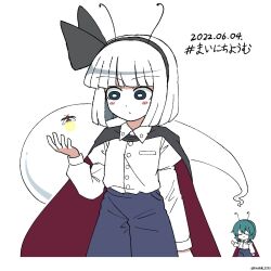 Rule 34 | 2girls, antennae, black cape, black eyes, black hairband, blue pants, bright pupils, bug, cape, commentary, cosplay, dated, firefly, ghost, green hair, hairband, highres, hoshii 1213, insect, konpaku youmu, konpaku youmu (ghost), multiple girls, pants, shirt, short hair, simple background, solo focus, touhou, twitter username, white background, white hair, white pupils, white shirt, wriggle nightbug, wriggle nightbug (cosplay)