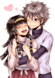 Rule 34 | 2boys, alluka zoldyck, amm0916, androgynous, black hair, blue eyes, blush, brothers, hair ornament, hairband, hug, hug from behind, hunter x hunter, japanese clothes, killua zoldyck, long hair, multiple boys, one eye closed, open mouth, short hair, siblings, simple background, smile, standing, trap, white background, white hair, wink