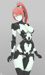 Rule 34 | 1girl, android, arms at sides, breasts, colored eyelashes, colored skin, commission, contrapposto, green eyes, green skin, grey background, highres, joints, large breasts, looking at viewer, mechanical parts, narrow waist, original, ponytail, red hair, robot joints, smile, solo, user pgts4888