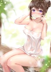 Rule 34 | 1girl, absurdres, bare legs, bench, blurry, blurry background, breasts, brown hair, cleavage, collarbone, embarrassed, feet out of frame, fujimori shiki, hair bun, highres, leaf, looking at viewer, medium breasts, naked towel, original, parted lips, purple eyes, sidelocks, signature, single hair bun, sitting, solo, steam, thighs, towel, wet