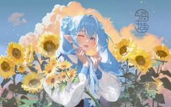 1girl antenna_hair artist_logo artist_name blue_eyes blue_sky blush cloud commentary commission day english_commentary fangs field flower flower_field fuwaffy hair_flower hair_ornament high-waist_skirt highres holding holding_own_hair logo long_hair one_eye_closed original outdoors parted_lips pointy_ears puffy_sleeves shirt skirt sky sunflower sunflower_field twintails twitter_username white_shirt