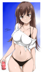 Rule 34 | 1girl, bikini, black bikini, blue sky, breasts, brown eyes, brown hair, can, cloud, cowboy shot, drink can, gakky, holding, holding can, kantai collection, looking at viewer, medium breasts, navel, one-hour drawing challenge, ooi (kancolle), shirt, sky, soda can, solo, swimsuit, t-shirt, thigh gap, tied shirt, white shirt