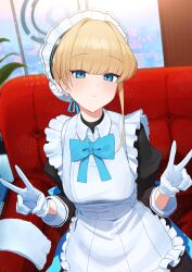 Rule 34 | 1girl, absurdres, apron, black dress, blonde hair, blue archive, blue bow, blue bowtie, blue eyes, blue ribbon, blunt bangs, bow, bowtie, breasts, bun cover, closed mouth, collared shirt, commentary, couch, cowboy shot, double v, dress, frilled apron, frills, gloves, halo, highres, indoors, large breasts, long sleeves, looking at viewer, maid, maid headdress, puffy long sleeves, puffy sleeves, ribbon, shirt, short hair, single sidelock, solo, toki (blue archive), v, white apron, white gloves, zanya 000