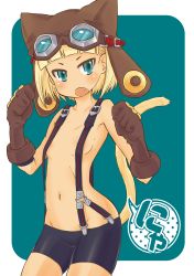 Rule 34 | 1girl, aqua eyes, atlus, ballista (sekaiju), bike shorts, blonde hair, blush, cat tail, censored, collarbone, convenient censoring, fang, gloves, goggles, hat, highres, naked suspenders, navel, open mouth, revealing clothes, etrian odyssey, sekaiju no meikyuu 3, short hair, solo, stomach, suspenders, tail, topless, younomine