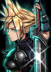 Rule 34 | 1boy, absurdres, armor, blonde hair, buster sword, cloud strife, final fantasy, final fantasy vii, glowing, green background, highres, holding, holding weapon, looking at viewer, serious, short hair, shoulder armor, silverchariotx, solo, sparkle, spiked hair, star (sky), sword, weapon