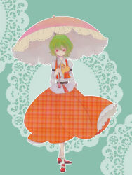 Rule 34 | 1girl, ascot, collared shirt, commentary request, expressionless, flat chest, full body, hair between eyes, holding, holding umbrella, kanon (rsl), kazami yuuka, long bangs, long skirt, long sleeves, looking at viewer, mary janes, open mouth, parasol, pink umbrella, plaid, plaid skirt, plaid vest, red eyes, red footwear, red skirt, red vest, shirt, shoes, short hair, skirt, skirt set, socks, solo, touhou, umbrella, unmoving pattern, vest, white shirt, white socks, yellow ascot