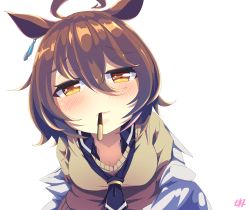 Rule 34 | 1girl, absurdres, agnes tachyon (umamusume), ahoge, animal ears, artist logo, black necktie, black shirt, blush, breasts, brown hair, cleavage, coat, commentary request, earrings, food, food in mouth, from above, highres, horse ears, incoming pocky kiss, jewelry, lips, looking at viewer, looking up, medium breasts, medium hair, mouth hold, necktie, off shoulder, pocky, pocky day, pocky kiss, raised eyebrows, shared food, shirt, simple background, single earring, solo, sweater, umamusume, upper body, white background, white coat, woruta (soloistlist), yellow eyes, yellow sweater