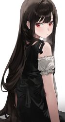 Rule 34 | 1girl, absurdres, bare shoulders, black dress, black hair, blush, copyright request, detached sleeves, dress, frilled sleeves, frills, from behind, highres, long hair, looking at viewer, looking back, ori (0rizuru), red eyes, simple background, solo, very long hair, white background