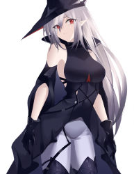 Rule 34 | 1girl, absurdres, adjusting clothes, adjusting headwear, arknights, bare shoulders, beijiushui, black cape, black dress, black gloves, black hat, black thighhighs, blue background, breasts, cape, clothing cutout, cowboy shot, dress, gladiia (arknights), gloves, hat, head tilt, highres, looking away, medium breasts, off-shoulder dress, off shoulder, pants, pointy ears, red eyes, silver hair, simple background, sleeveless, sleeveless dress, thigh gap, thighhighs, tight clothes, tight pants, tricorne, white background, white pants