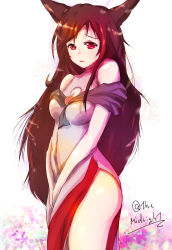 Rule 34 | 1girl, adapted costume, alternate costume, animal ears, bare shoulders, brooch, brown hair, china dress, chinese clothes, cleavage cutout, clothing cutout, dress, gradient background, highres, imaizumi kagerou, jewelry, long hair, looking at viewer, mayonaka taruho, off shoulder, red eyes, solo, touhou, twitter username, very long hair, white background, wolf ears